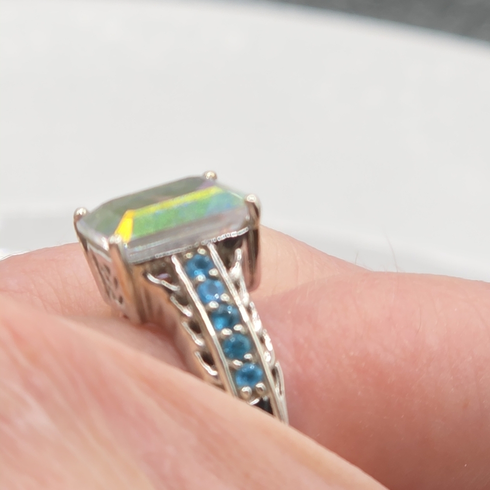 Designer Signed  Mercury Mist Topaz And Neon Blue Apatite Ring - Picture 7 of 8